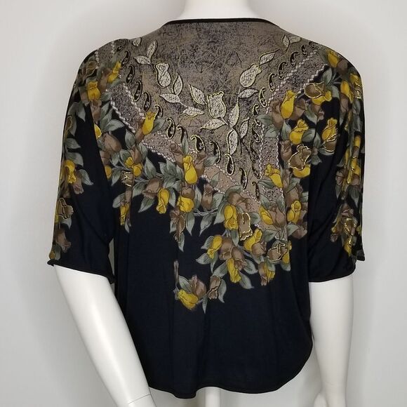 Womens Three-Quarter Sleeve Floral Print Black Gold Metallic Crop Top Size M/L - Picture 7 of 10